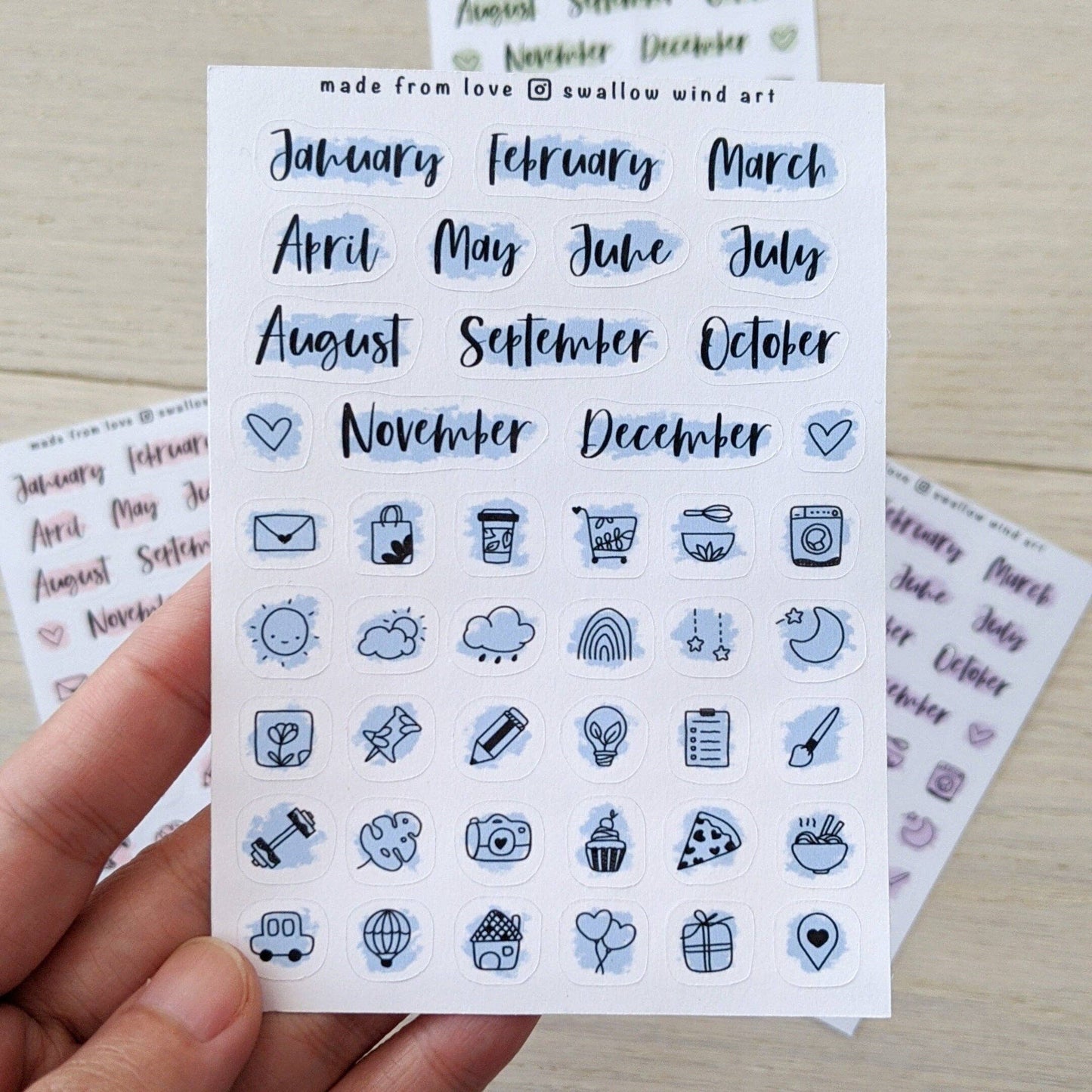 Sticker Sheet - Functional Month Script Stickers, Mixed Icon : Sky Blue