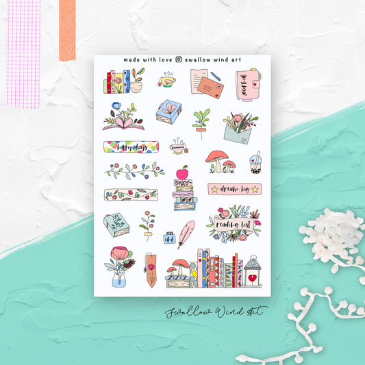 Sticker Sheet - Flowers & Books Bullet Journal Stickers